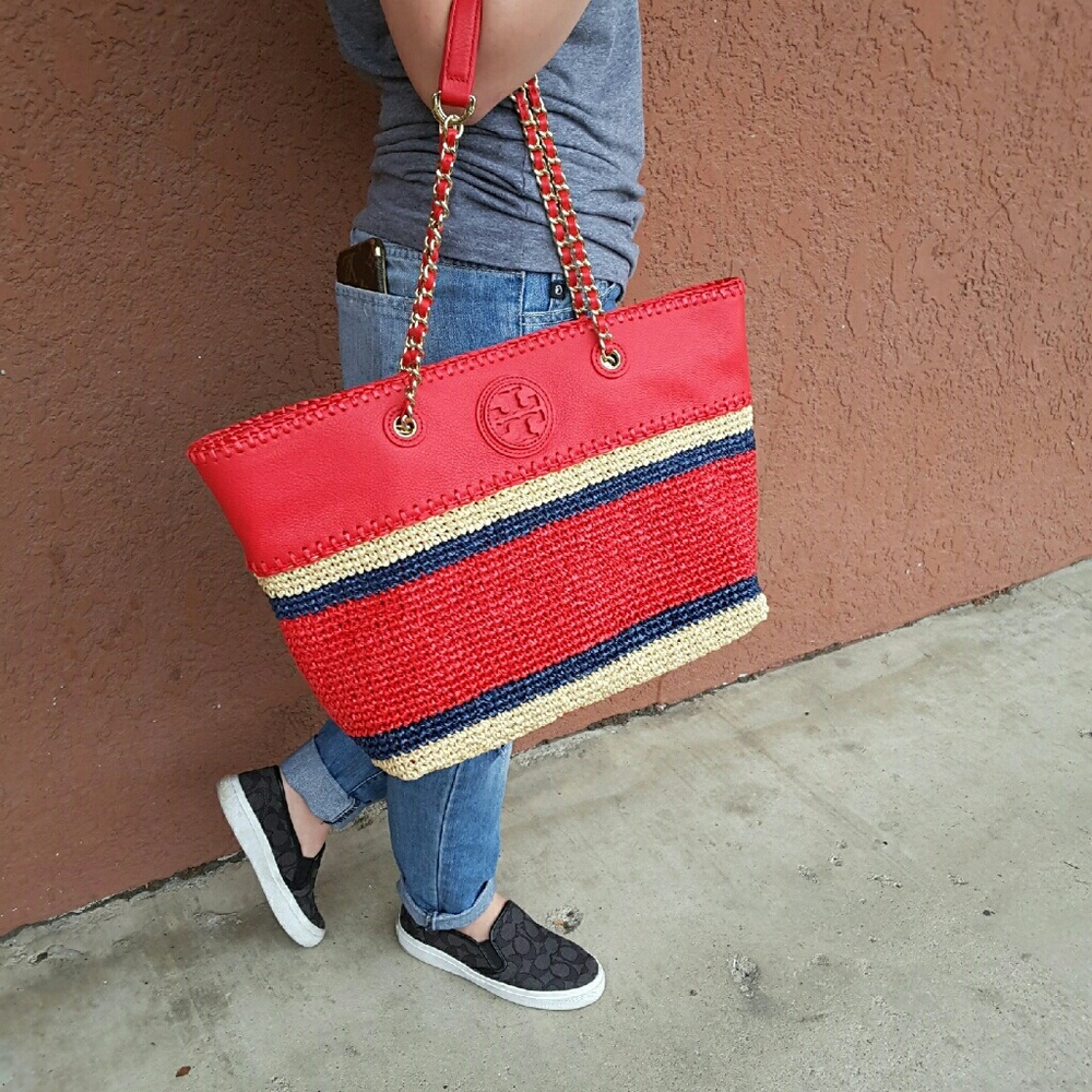Tory Burch Red Marion straw and leather tote.